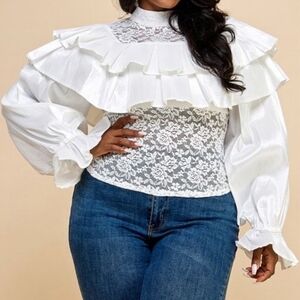 Love Highlight Chic‎ White Lace Blouse with Ruffles 2XL NWOT